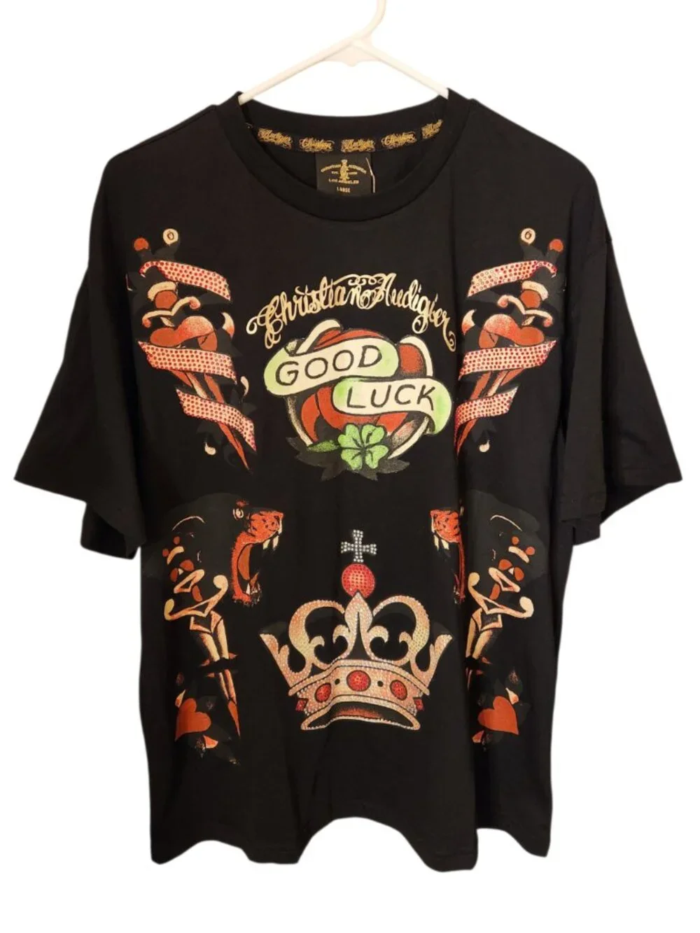 Christian Audigier Good Luck Shirt Large Black Crew Neck Graphic Rhinestones New